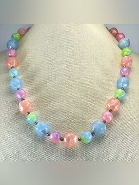 Stunning Silver Tone Pastel Blue Pink Green Acrylic Beaded Statement Necklace